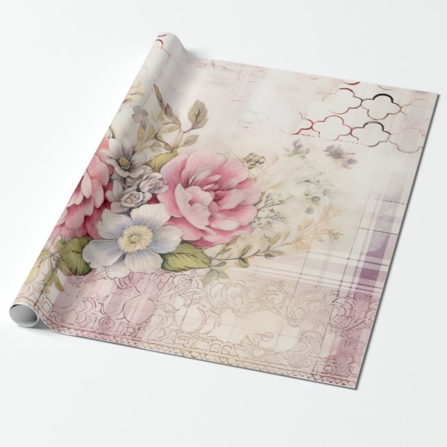 Shabby Chic Not Weihnachten Blumenstrauß Tartan Geschenkpapier (Ungerollt)