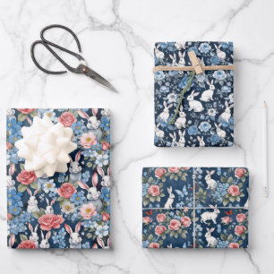 Shabby Chic Oaster Bunnies Florals Navy Blue Geschenkpapier Set