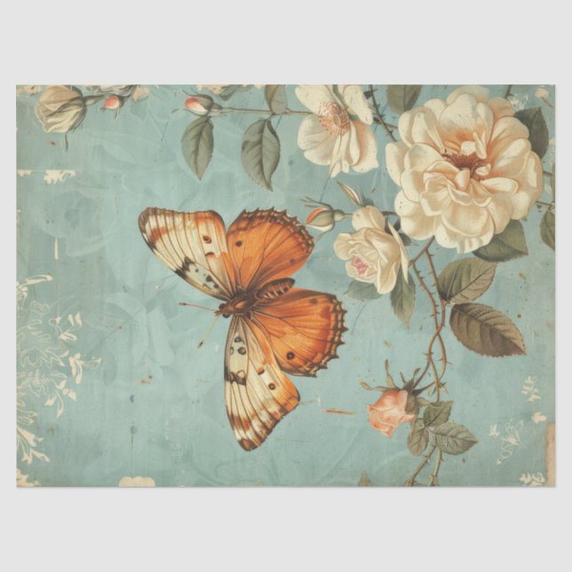 Shabby Chic-Orangenschmetterling und Rose Seidenpapier (Vorderseite)