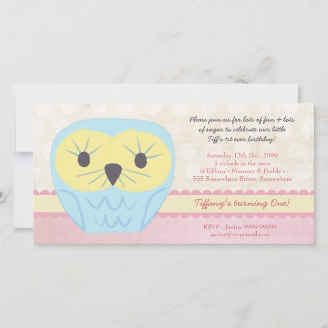 Shabby Chic Owl 1er anniversaire Invitation de fêt (Devant)