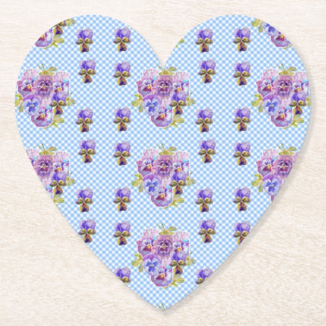 Shabby Chic Pansy Floral Blue Gingham Karos Untersetzer (Vorderseite)
