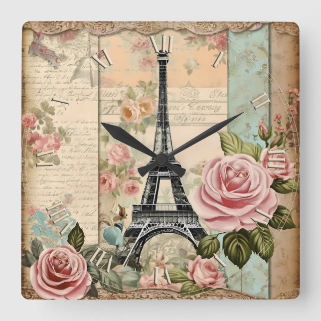 Shabby Chic-Papierparis - Quadratische Wanduhr (Vorderseite)
