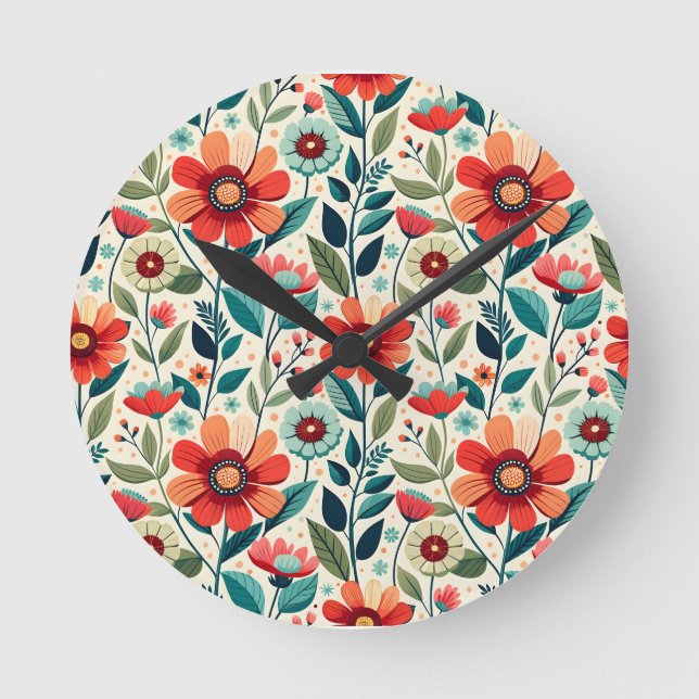 Shabby Chic Peach Blue Wildblumen Illustration Runde Wanduhr (Vorderseite)