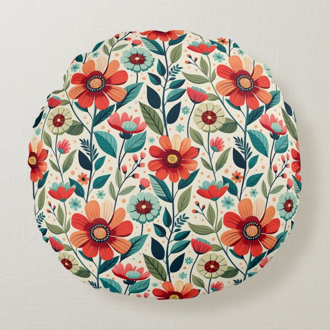 Shabby Chic Peach Blue Wildblumen Illustration Rundes Kissen (Vorderseite)