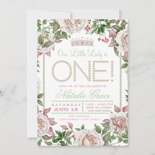 Shabby Chic Pearl Little Lady 1. Geburtstag Einladung (Vorderseite)