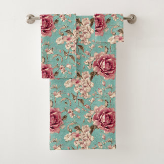 Shabby Chic Pink and White Florals on Teal Badhandtuch Set