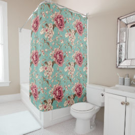 Shabby Chic Pink and White Florals on Teal Duschvorhang