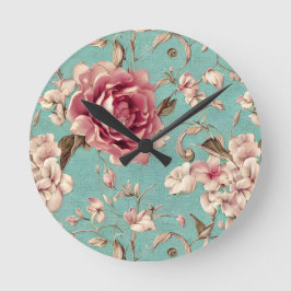 Shabby Chic Pink and White Florals on Teal Runde Wanduhr