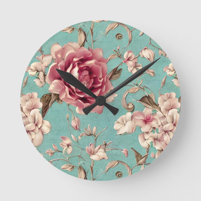 Shabby Chic Pink and White Florals on Teal Runde Wanduhr (Vorderseite)