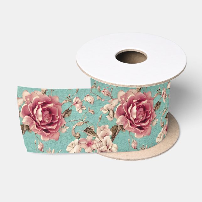 Shabby Chic Pink and White Florals on Teal Satinband (Spule)