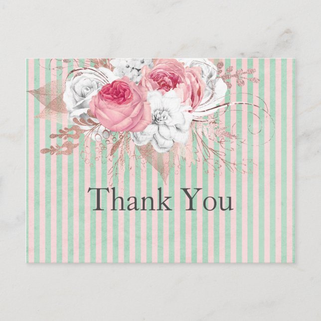 Shabby Chic Pink Bouquet Streifen Danke Karte (Vorderseite)