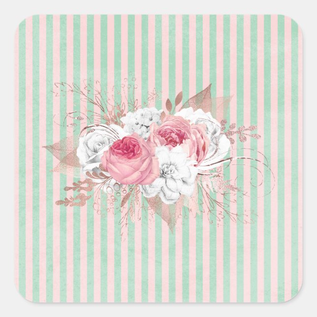 Shabby Chic Pink Bouquet Streifen Quadratischer Aufkleber (Vorderseite)