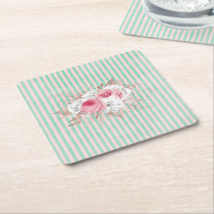 Shabby Chic Pink Bouquet Streifen Rechteckiger Pappuntersetzer