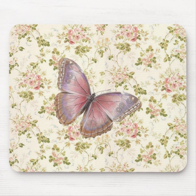 Shabby Chic Pink Butterfly Floral Mousepad (Vorne)