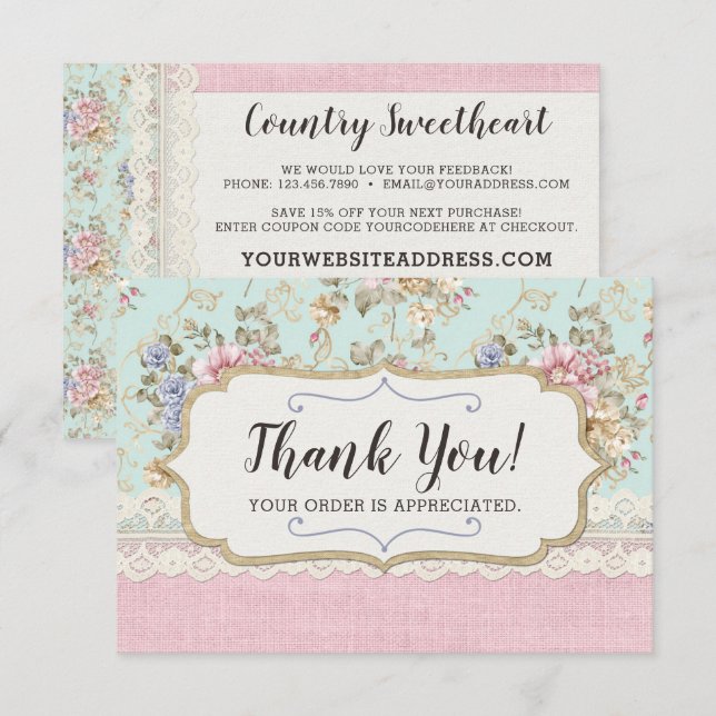 Shabby Chic Pink Floral Boutique Danke Karte (Vorne/Hinten)
