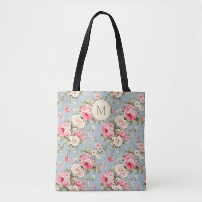 Shabby Chic Pink Floral Monogramm Tasche (Vorderseite)