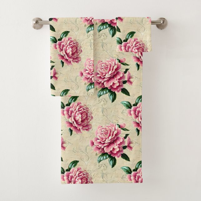 Shabby Chic Pink Gardenias Badhandtuch Set (Insitu)