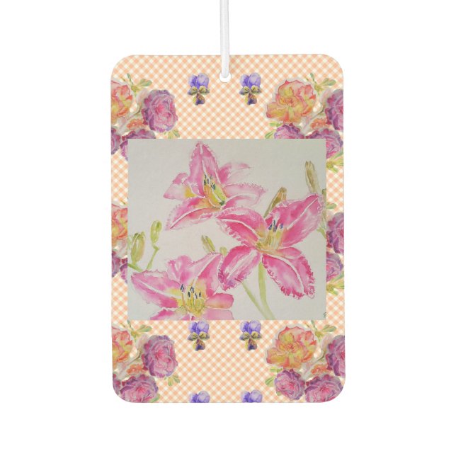 Shabby Chic pink Lily Floral Blume Gingham Rose Autolufterfrischer (Vorderseite)