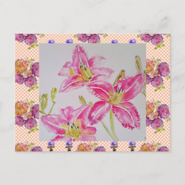 Shabby Chic pink Lily Floral Blume Gingham Rose Postkarte (Vorderseite)