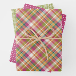Shabby Chic Pink Orange Aquamarin Green Gingham Geschenkpapier Set