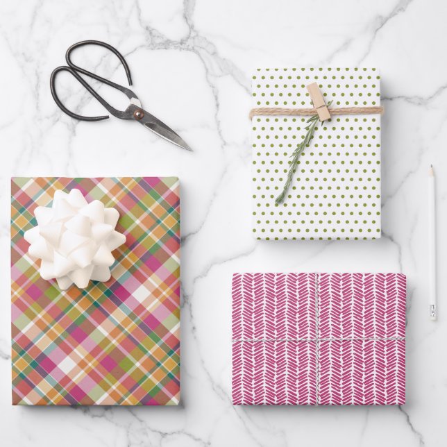 Shabby Chic Pink Orange Aquamarin Green Gingham Geschenkpapier Set (Vorderseite)