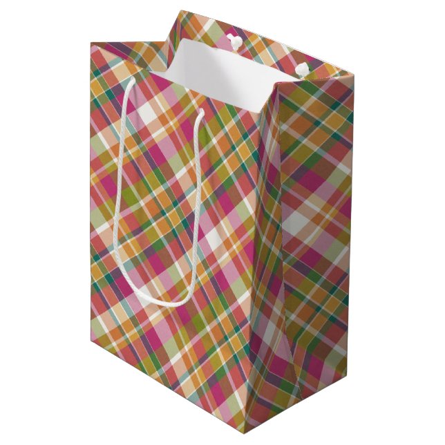 Shabby Chic Pink Orange Aquamarin Green Gingham Mittlere Geschenktüte (Vorderseite Schrägansicht)