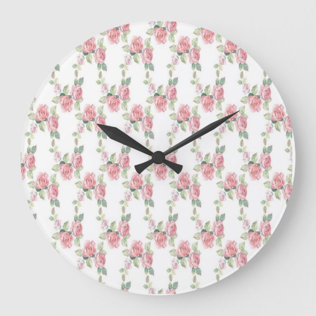Shabby Chic Pink Rose Floral Große Wanduhr (Vorderseite)