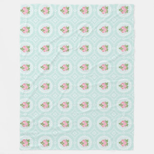 Shabby Chic Pink Roses Aquamarin Groß Fleecedecke