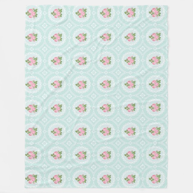 Shabby Chic Pink Roses Aquamarin Groß Fleecedecke (Vorderseite)