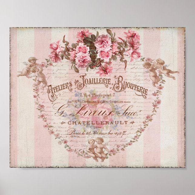 Shabby Chic Pink Roses Cupids French Script Poster (Vorne)