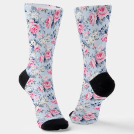 Shabby Chic Pink Roses White Flowers Pattern Socken