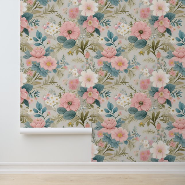Shabby Chic Pink White Poppies Tapete (Anwendung)