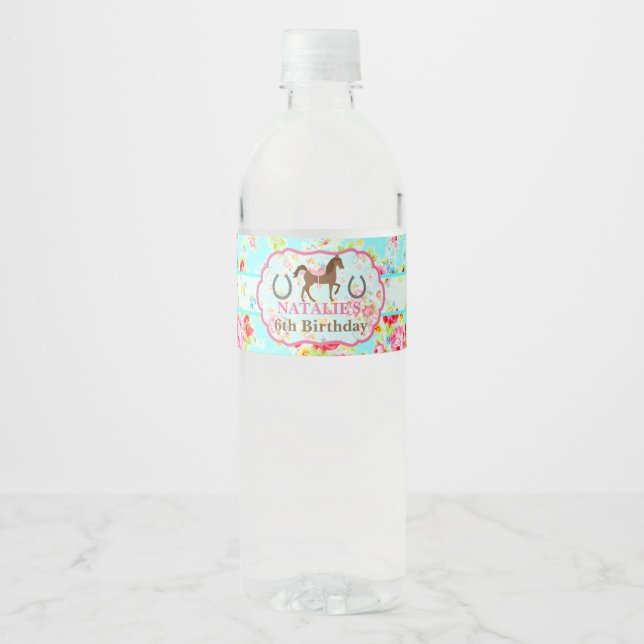 Shabby Chic Pony Geburtstagsfeier Wasserflasche (Vorderseite)