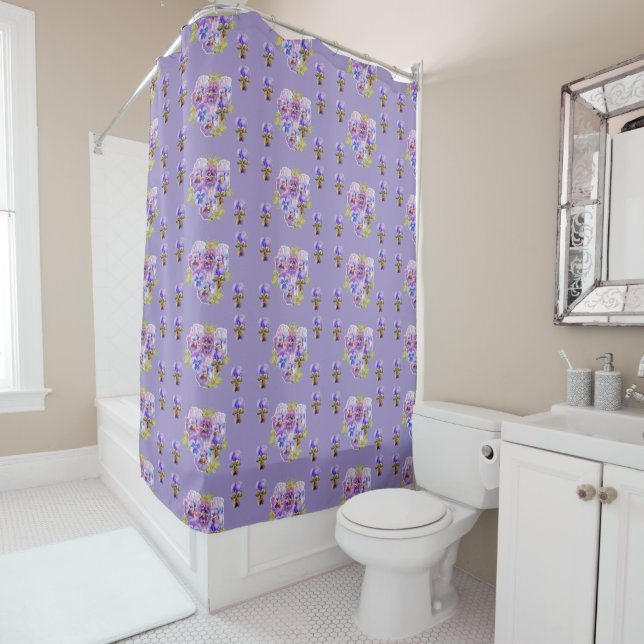 Shabby Chic Purple Pansy Floral Dot Douche Rideau (En situation)