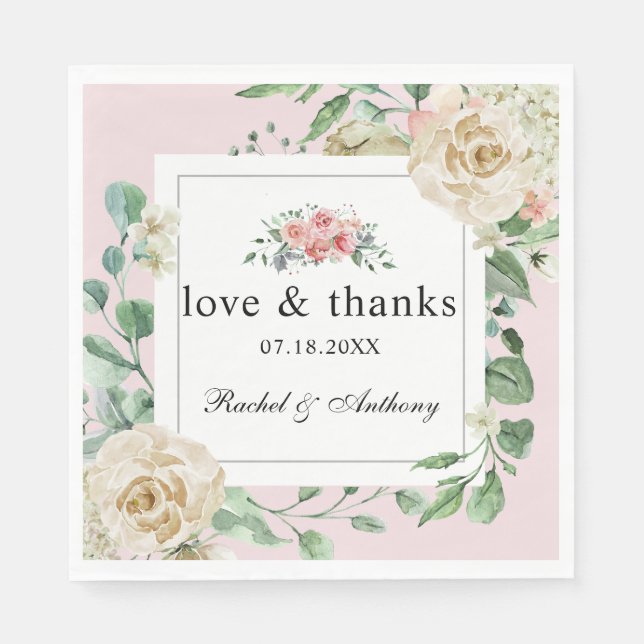 Shabby Chic Romantische Rose Liebe & Dank Blume Serviette (Vorderseite)