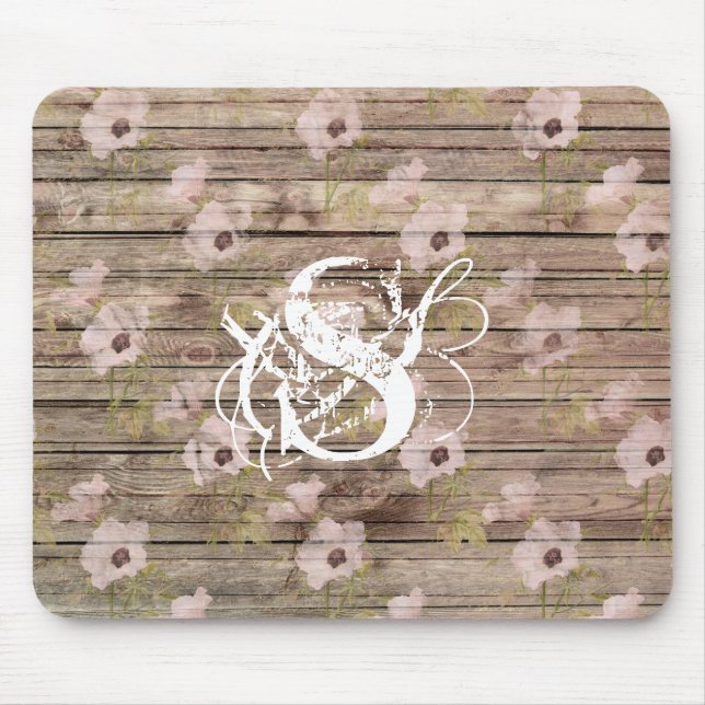 Shabby Chic Rosa Blumenmuster Holzmonogramm Mousepad (Vorne)