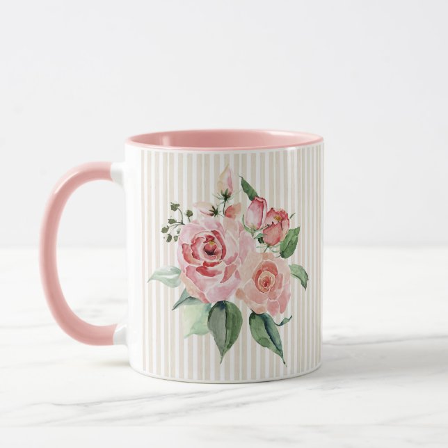 Shabby Chic rosa gestreifte personalisierte Blüte  Tasse (Links)