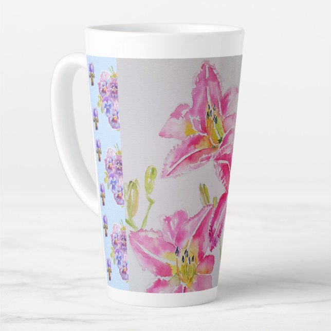 Shabby Chic Rosa Lippenflora Blume Blaue Flasche Milchtasse (Linke Ecke)