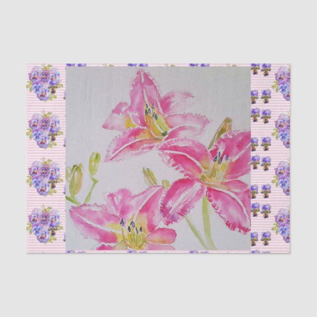 Shabby Chic Rosa Lippenflora Blume Blaue Flasche Seidenpapier (Vorderseite)