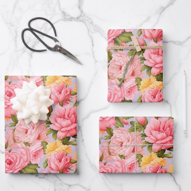 Shabby Chic Rosa pfirsichfarbene Blume Geschenkpapier Set (Vorderseite)