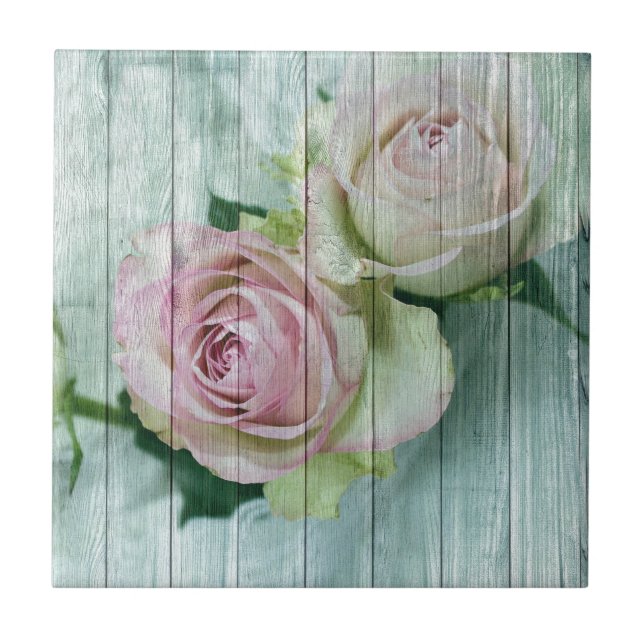 Shabby Chic Rosa Rosen auf blauem Holz Fliese (Vorderseite)