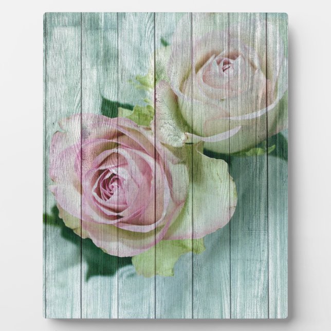 Shabby Chic Rosa Rosen auf blauem Holz Fotoplatte (Vorderseite)