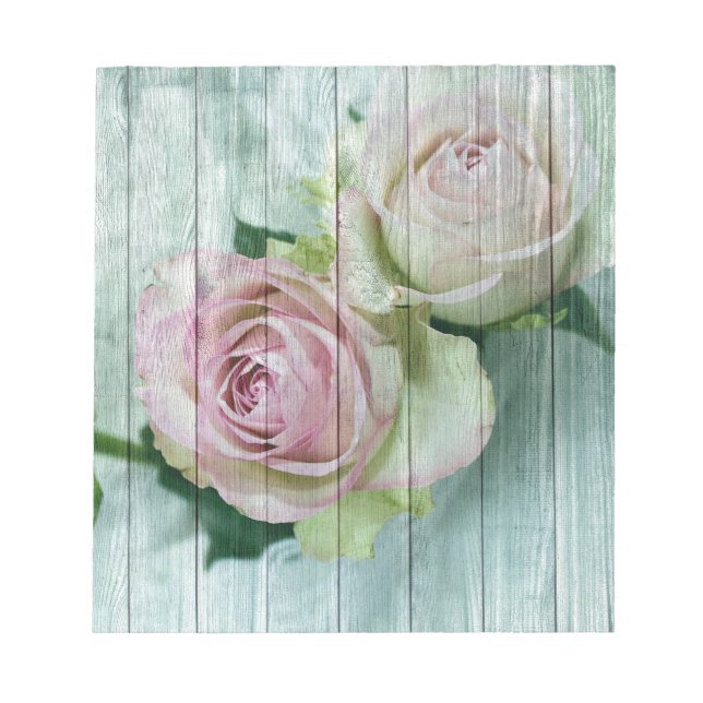 Shabby Chic Rosa Rosen auf blauem Holz Notizblock (Vorderseite)