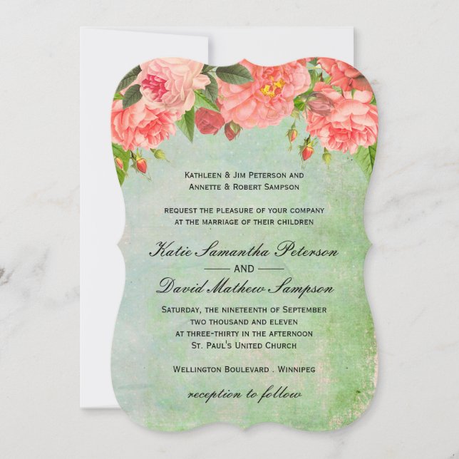 Shabby Chic-rosa Rosen, die Einladung Wedding sind (Vorderseite)