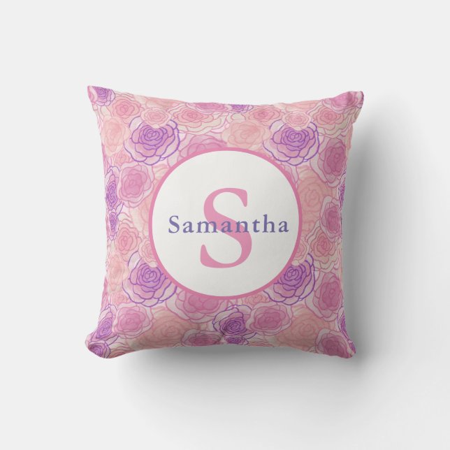 Shabby Chic Rosa Rosen Personalisiert Monogramm Kissen (Vorderseite)
