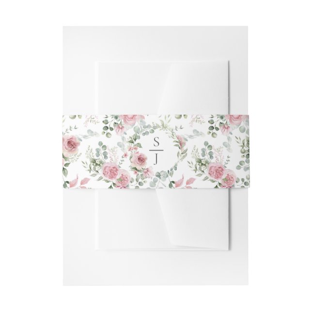 Shabby Chic Rosa Rosengrün Monogramm Einladungsbanderole (Vorderseite Beispiel)