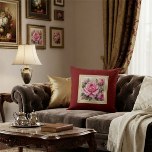 Shabby Chic Rosa Rosenölmalerei Burgund Kissen