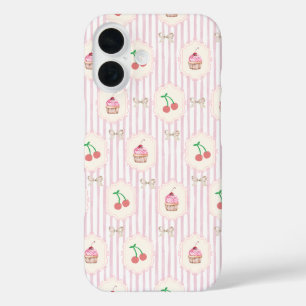 Shabby Chic Rosa Streifen Kirschen Cupcakes Retro iPhone 16 Hülle