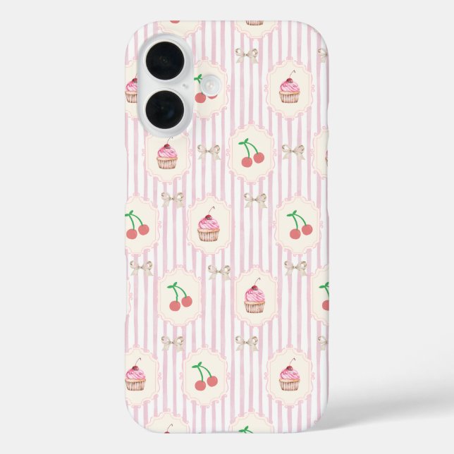 Shabby Chic Rosa Streifen Kirschen Cupcakes Retro iPhone 16 Hülle (Rückseite)