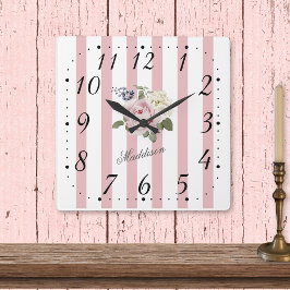 Shabby Chic Rosa Streifen Rose Bouquet Mit Monogra Quadratische Wanduhr